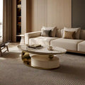 51" Modern Oval Coffee Table, Sintered Stone Top, Gold Legs, Drawer