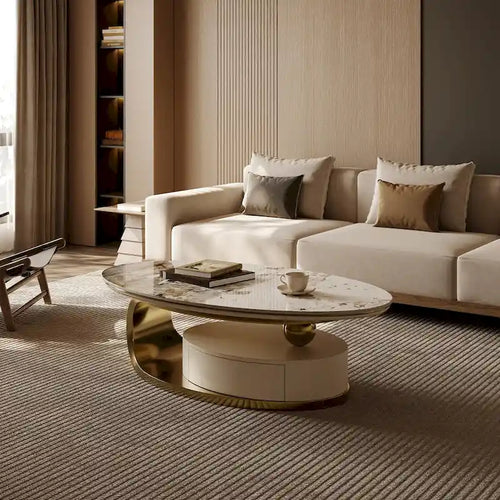 51" Modern Oval Coffee Table, Sintered Stone Top, Gold Legs, Drawer
