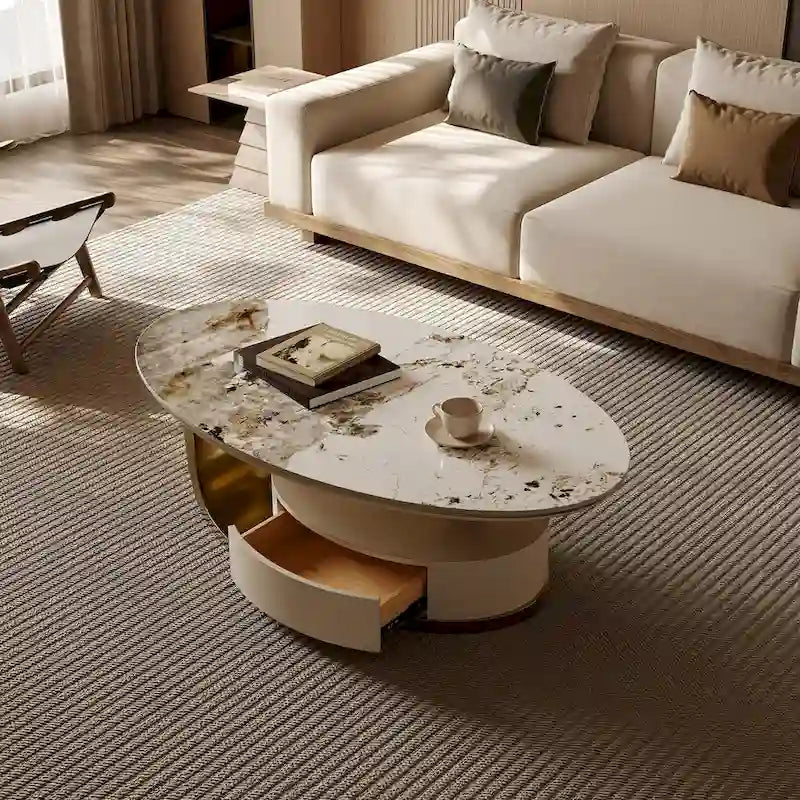 51" Modern Oval Coffee Table, Sintered Stone Top, Gold Legs, Drawer