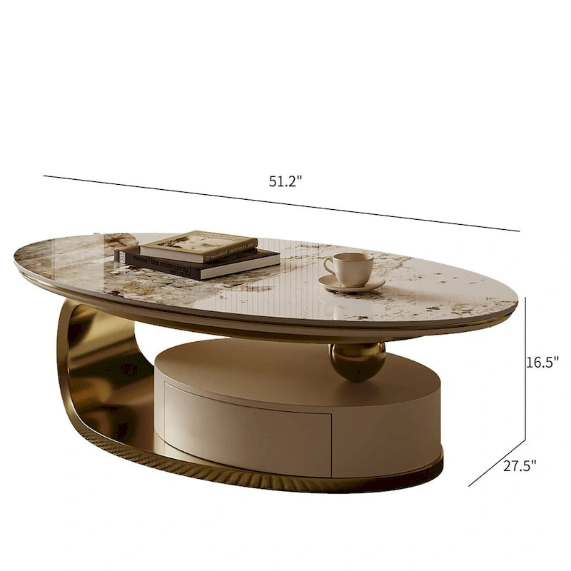 51" Modern Oval Coffee Table, Sintered Stone Top, Gold Legs, Drawer