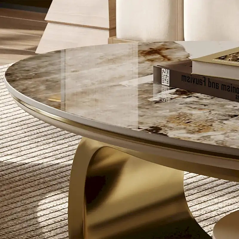 51" Modern Oval Coffee Table, Sintered Stone Top, Gold Legs, Drawer