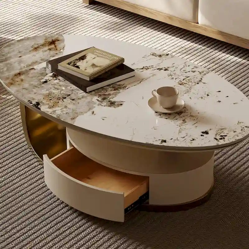 51" Modern Oval Coffee Table, Sintered Stone Top, Gold Legs, Drawer