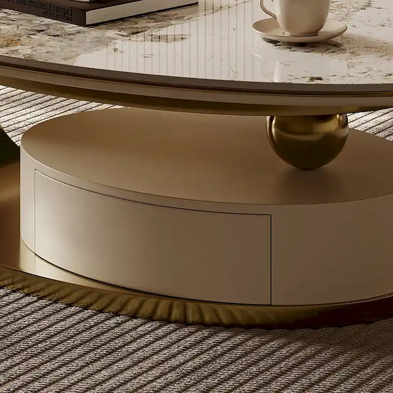 51" Modern Oval Coffee Table, Sintered Stone Top, Gold Legs, Drawer