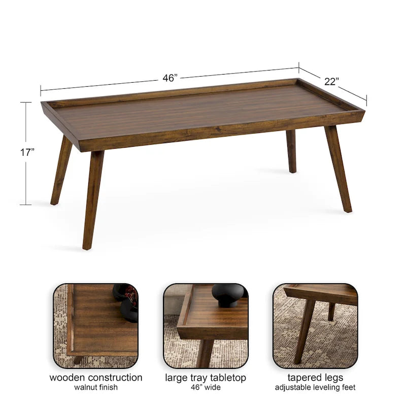 Table basse rectangulaire en bois, 46 pouces, noyer brun style Mid-Century