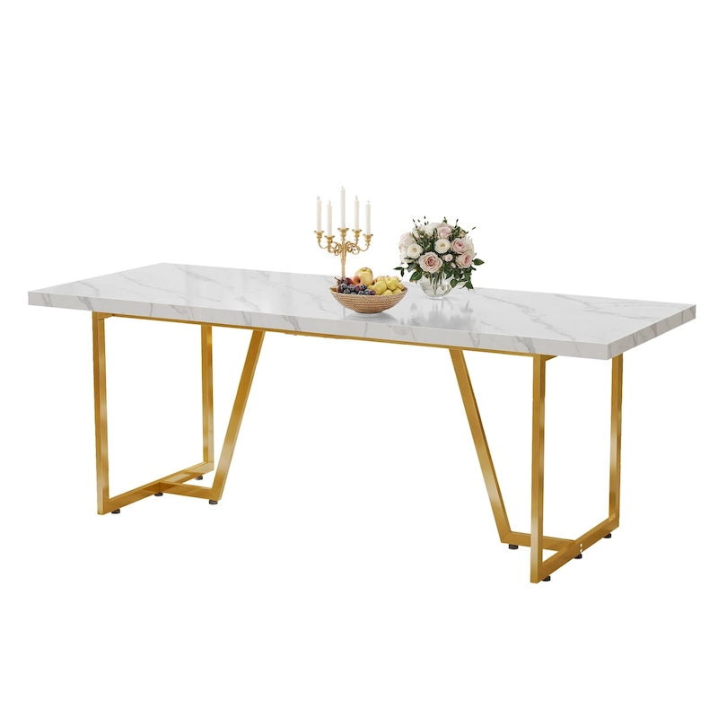 82" Large Dining Table for 6-8 People with Faux Marble Tabletop and Metal Legs