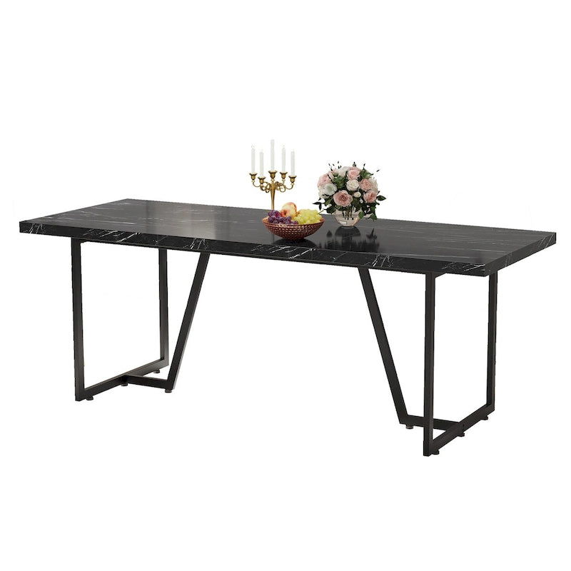82" Large Dining Table for 6-8 People with Faux Marble Tabletop and Metal Legs