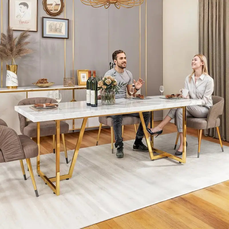 82" Large Dining Table for 6-8 People with Faux Marble Tabletop and Metal Legs