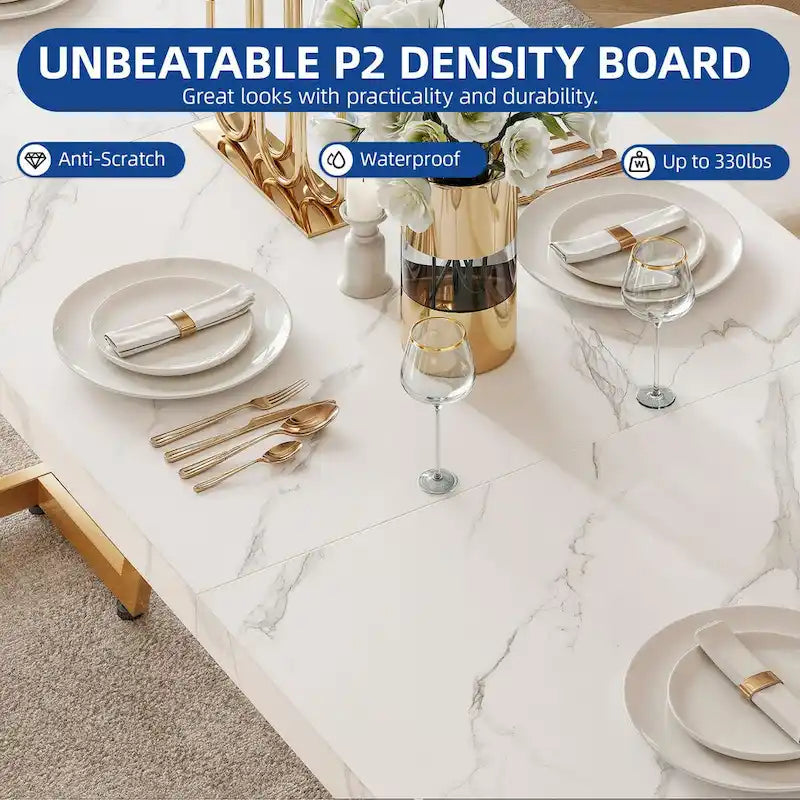 82" Large Dining Table for 6-8 People with Faux Marble Tabletop and Metal Legs