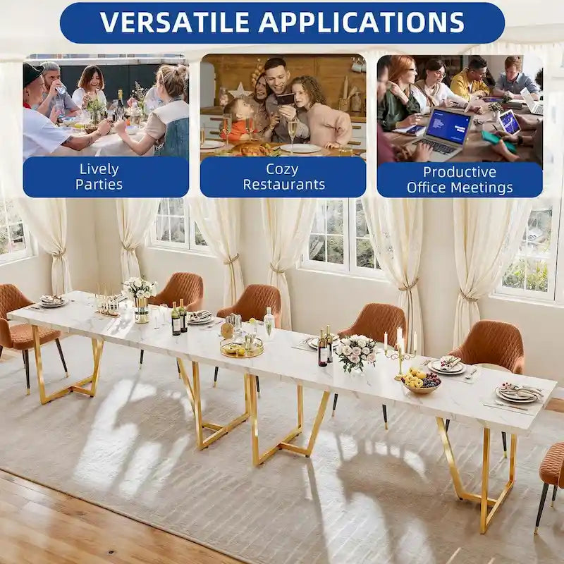 82" Large Dining Table for 6-8 People with Faux Marble Tabletop and Metal Legs