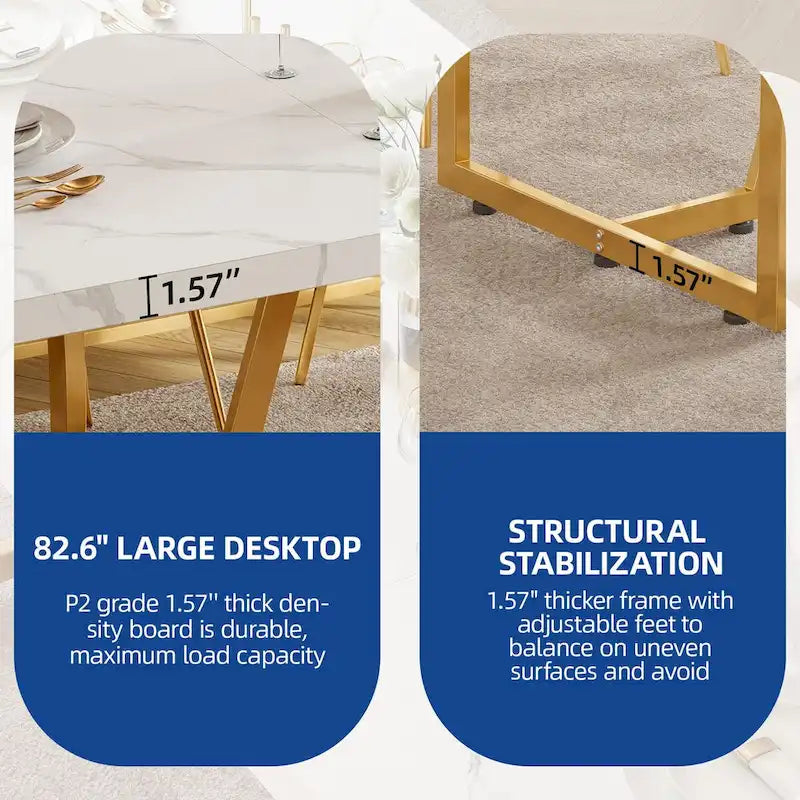 82" Large Dining Table for 6-8 People with Faux Marble Tabletop and Metal Legs