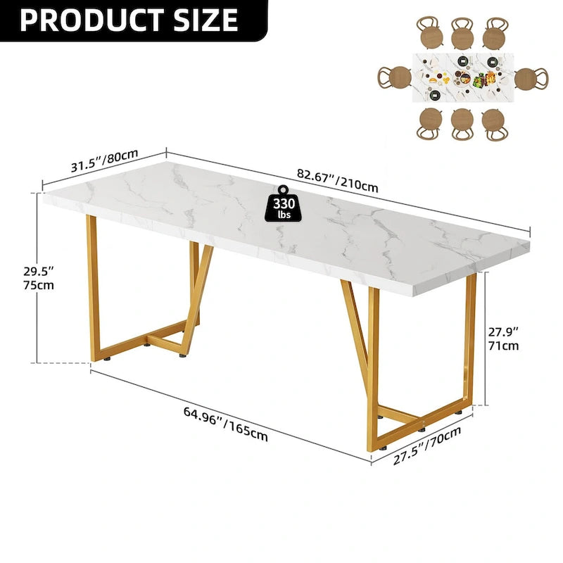 82" Large Dining Table for 6-8 People with Faux Marble Tabletop and Metal Legs