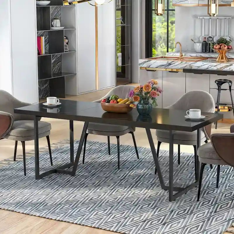 82" Large Dining Table for 6-8 People with Faux Marble Tabletop and Metal Legs