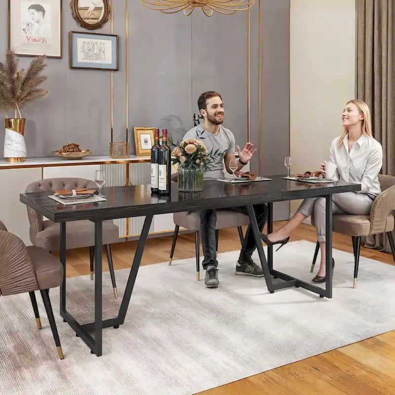 82" Large Dining Table for 6-8 People with Faux Marble Tabletop and Metal Legs
