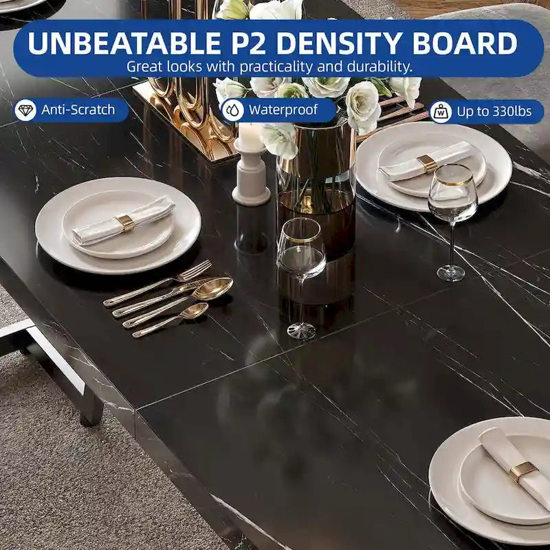 82" Large Dining Table for 6-8 People with Faux Marble Tabletop and Metal Legs