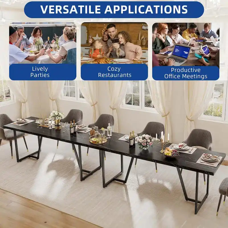 82" Large Dining Table for 6-8 People with Faux Marble Tabletop and Metal Legs