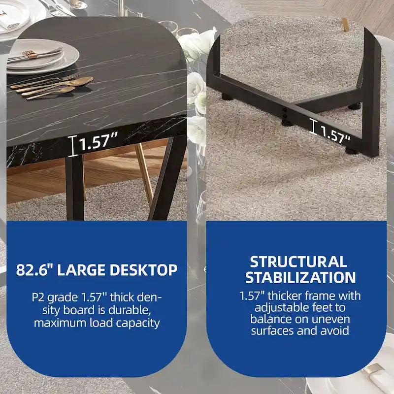 82" Large Dining Table for 6-8 People with Faux Marble Tabletop and Metal Legs