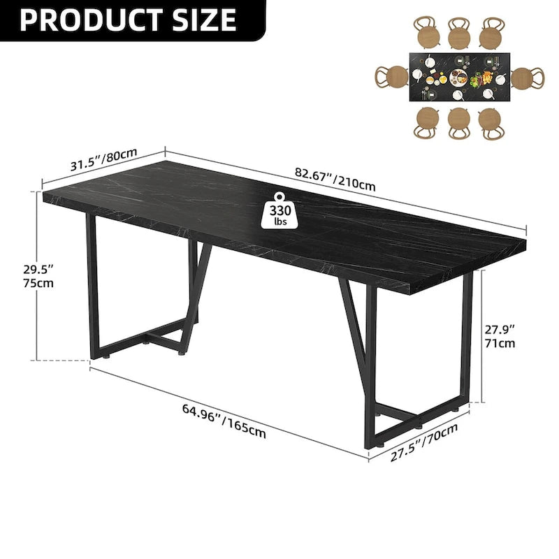 82" Large Dining Table for 6-8 People with Faux Marble Tabletop and Metal Legs