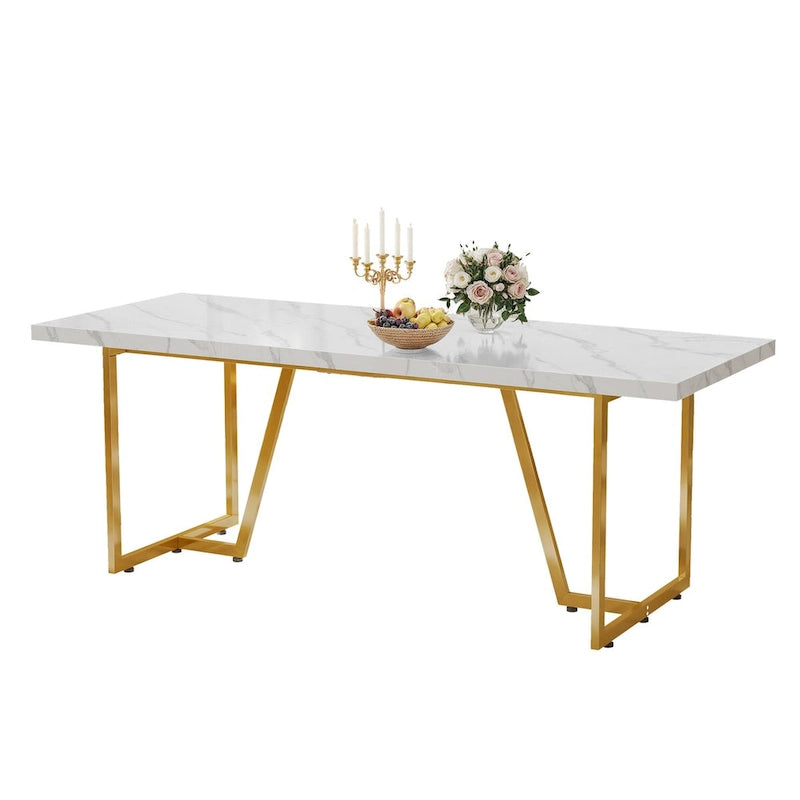 82" Large Dining Table for 6-8 People with Faux Marble Tabletop and Metal Legs