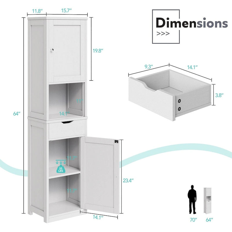 Meuble de rangement haut de salle de bain, Armoire de rangement étroite autoportante de 163 cm