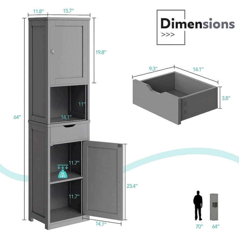 Meuble de rangement haut de salle de bain, Armoire de rangement étroite autoportante de 163 cm