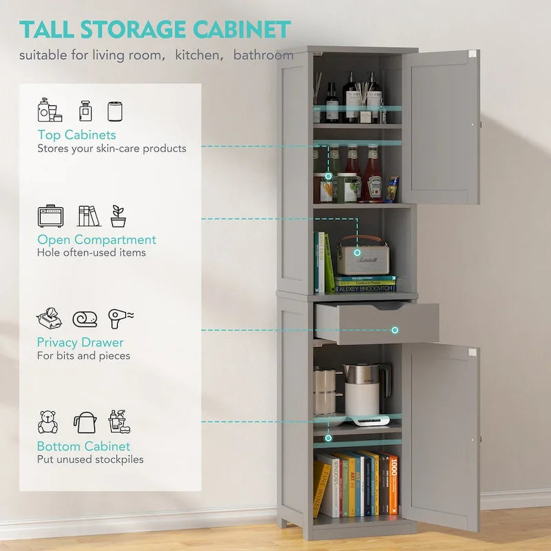 Meuble de rangement haut de salle de bain, Armoire de rangement étroite autoportante de 163 cm