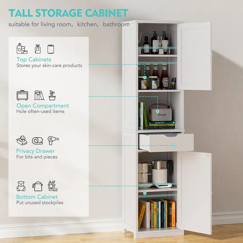 Meuble de rangement haut de salle de bain, Armoire de rangement étroite autoportante de 163 cm