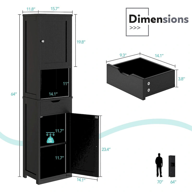 Meuble de rangement haut de salle de bain, Armoire de rangement étroite autoportante de 163 cm