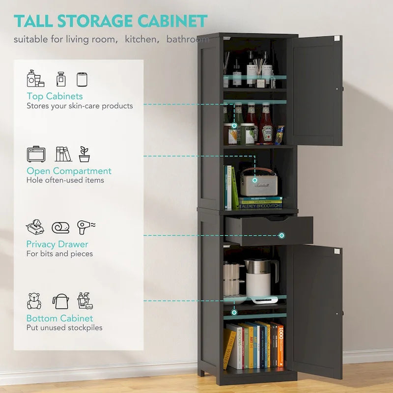 Meuble de rangement haut de salle de bain, Armoire de rangement étroite autoportante de 163 cm
